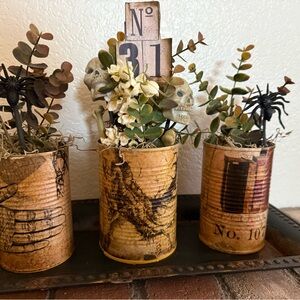 Vintage Halloween Tin Can Decor with Skulls and Spiders